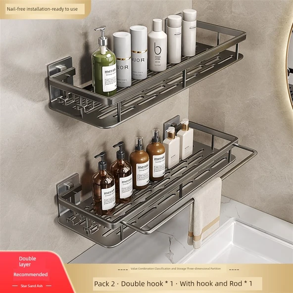 Deliksiz Banyo Rafı - Çift Katlı Yıldız Kum Grisi (4 Kancalı, 1 Havlu Askılı)