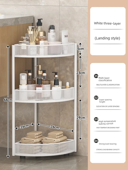 Banyo Üçgen Köşe Rafı - Ayaklı Beyaz - Üç Katlı