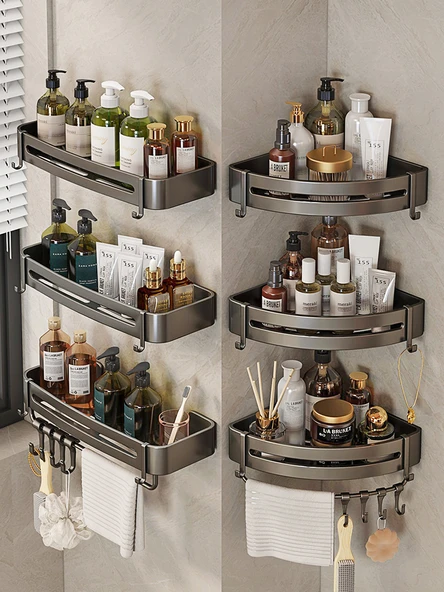 Deliksiz Banyo Köşe Rafı - Parlak Yapıştırıcı - Kalınlaştırılmış Tek Katmanlı - 2 Kancalı - 2