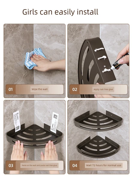 Deliksiz Banyo Köşe Rafı - Klasik Yapıştırıcı - Kalınlaştırılmış Tek Katmanlı - 2 Kancalı - 5