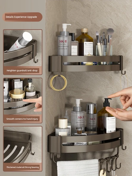 Deliksiz Banyo Köşe Rafı - Parlak Yapıştırıcı - Kalınlaştırılmış Tek Katmanlı - 2 Kancalı - 4