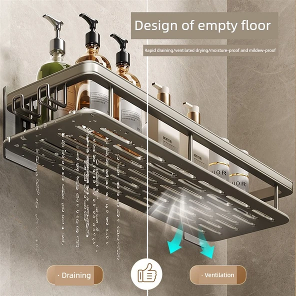 Deliksiz Banyo Rafı - Şık Siyah (2 Kancalı, Havlu Askılı) - 6
