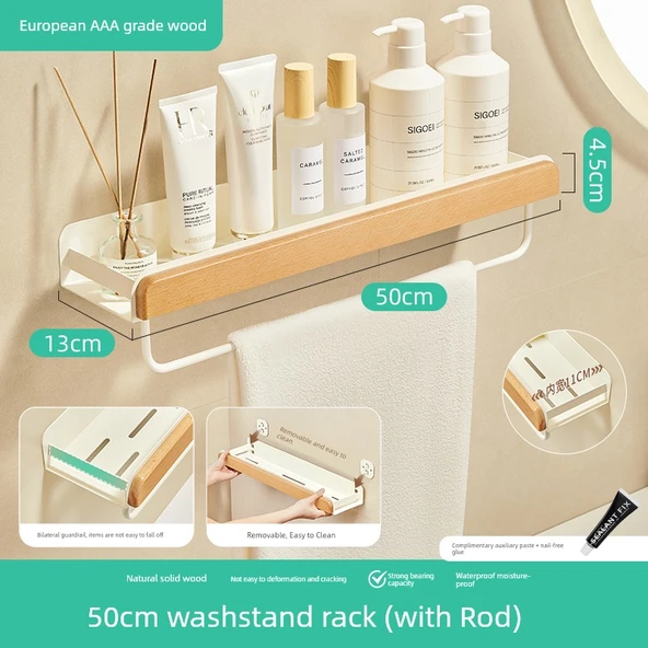 Deliksiz Duvara Monte Banyo Rafı - 50cm Havluluklu ve Geniş Kenarlı AAA Sınıfı Kayın