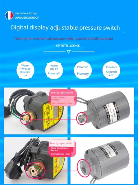 Dijital Ekranlı Ayarlanabilir 220V Su Pompası Basınç Şalteri - Dijital Ekran 4 Harici Şerit Fiş 0-16kg - 5