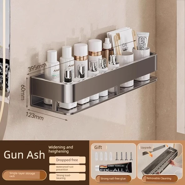 Çivisiz Banyo Rafı - 40cm - Füme