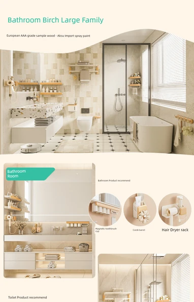 Deliksiz Duvara Monte Banyo Rafı - 50cm Artı Geniş Kenarlı AAA Sınıfı Kayın - 7