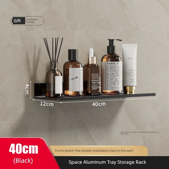 Banyo Rafı - Deliksiz Düz Model - Siyah - 40cm
