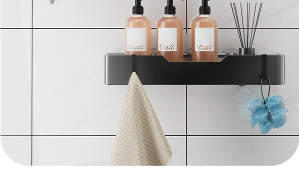 Deliksiz Duvara Monte Banyo Köşe Rafı - Dört Parça Set Siyah - 7