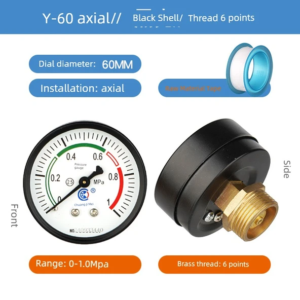 Y60 Aksiyal Siyah Kasa Basınç Ölçer 0-1.0mpa / 6 Nokta Diş