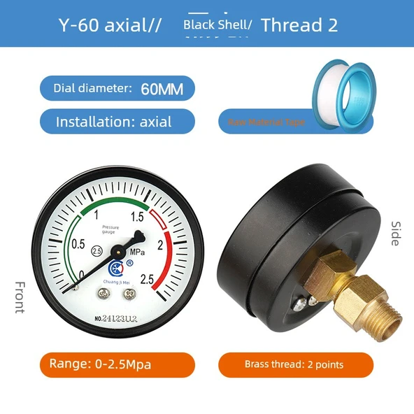 Y60 Aksiyal Siyah Kasa Basınç Ölçer 0-2.5mpa / 2 Nokta Diş
