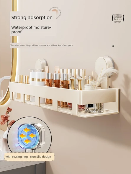 Havlu Bar Kancalı Vantuzlu Banyo Rafı - 30cm - Süt Beyazı - 6