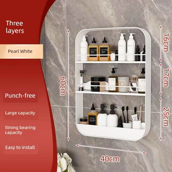 Duvara Monte Deliksiz Banyo Rafı - İnci Beyazı/40*60*8.5/Üç Katlı