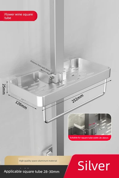 Deliksiz Duş Rafı - Gümüş - Kare Tüp 28-30mm