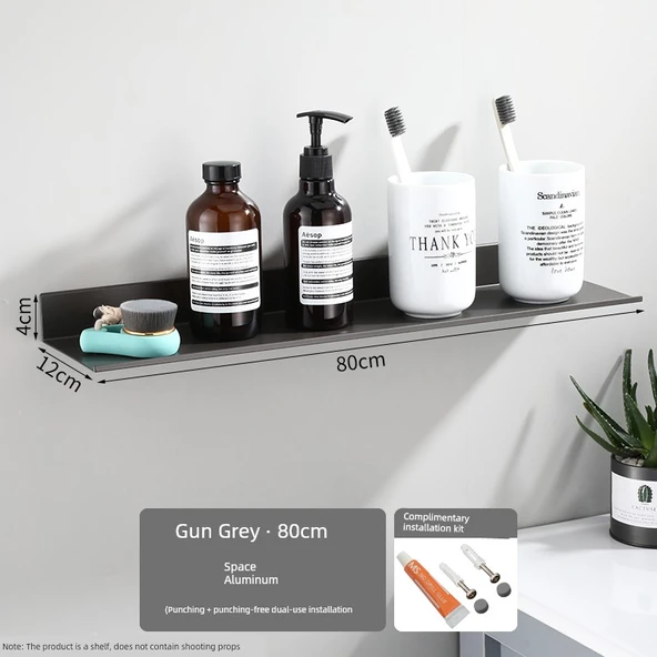 Deliksiz Alüminyum Banyo Rafı - Metalik Gri 80cm