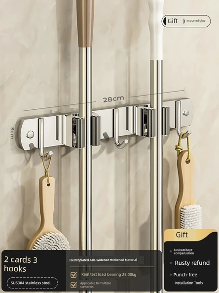 Deliksiz Banyo Rafı - Tuvalet Havlu Depolama - [Parlak Gümüş] Paslanmaz Çelik 2 Katlı 3 Kancalı