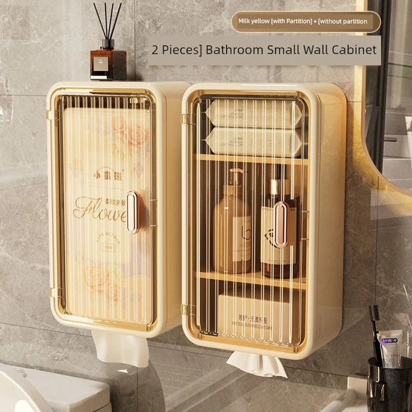 2 Adet Deliksiz Banyo Duvar Dolabı - Süt Sarısı (Bölmeli, Bölmesiz)