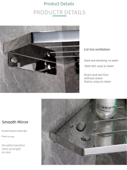 304 Paslanmaz Çelik Köşe Rafı - Deliksiz - 304-C Geniş Siyah (Yapışkanlı Çivi) - Resim 4