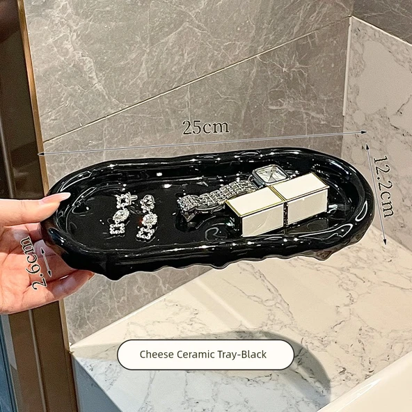 Seramik Banyo Düzenleyici Tepsi - Peynir Tasarımlı - Siyah