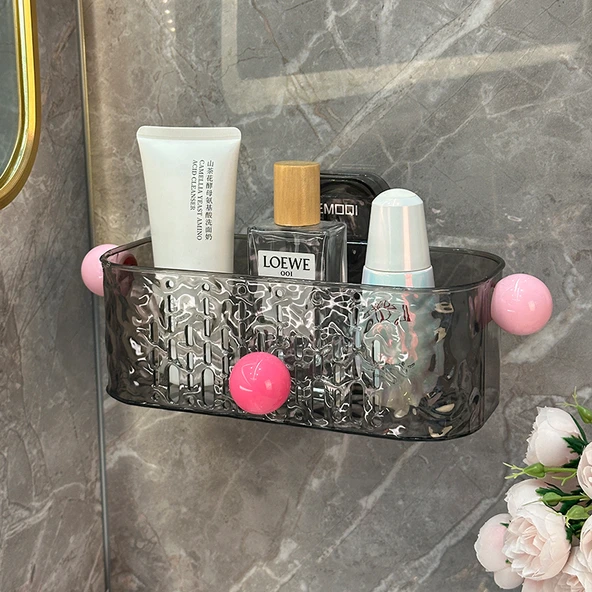 Vantuzlu Banyo Rafı - Deliksiz Duvar Montajı - Gri Gümüş + Pudra Topu