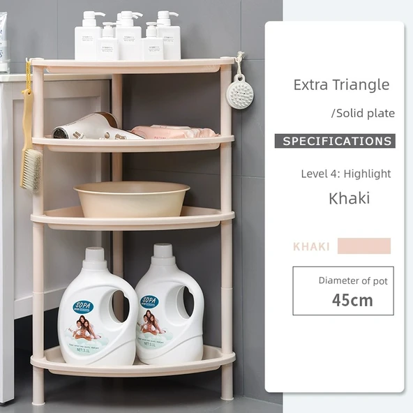 Plastik Banyo Rafı - Ekstra Büyük Üçgen 4 Katlı (Yükseltilmiş) Haki