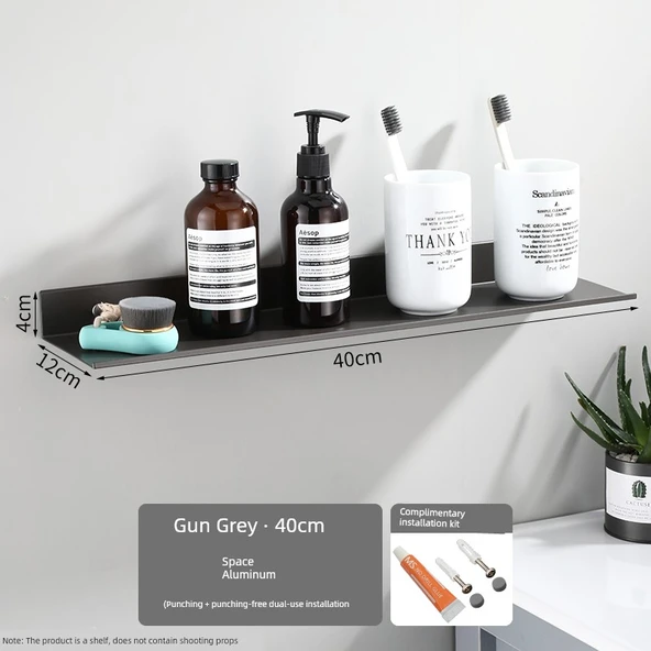 Deliksiz Alüminyum Banyo Rafı - Metalik Gri 40cm