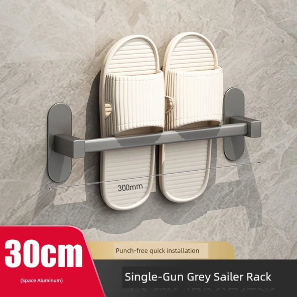Deliksiz Banyo Rafı - Tuvalet Havlu Depolama - [Metalik Gri] Alüminyum Terlik Rafı 30cm