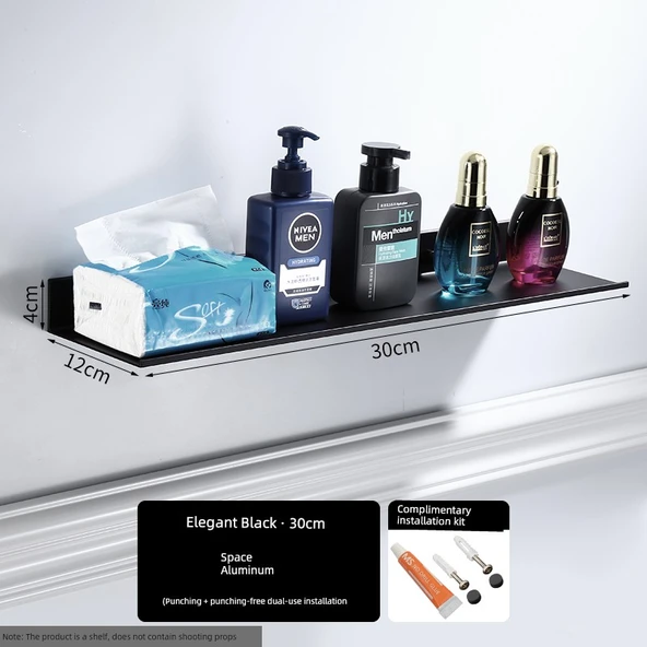 Deliksiz Alüminyum Banyo Rafı - Siyah 30cm