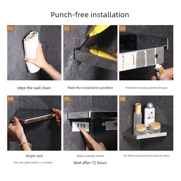 304 Paslanmaz Çelik Köşe Rafı - Deliksiz - 304-C Geniş Siyah (Yapışkanlı Çivi) - Resim 8