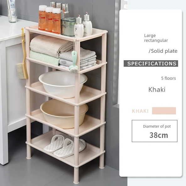 Plastik Banyo Rafı - Büyük Dikdörtgen 5 Katlı Haki