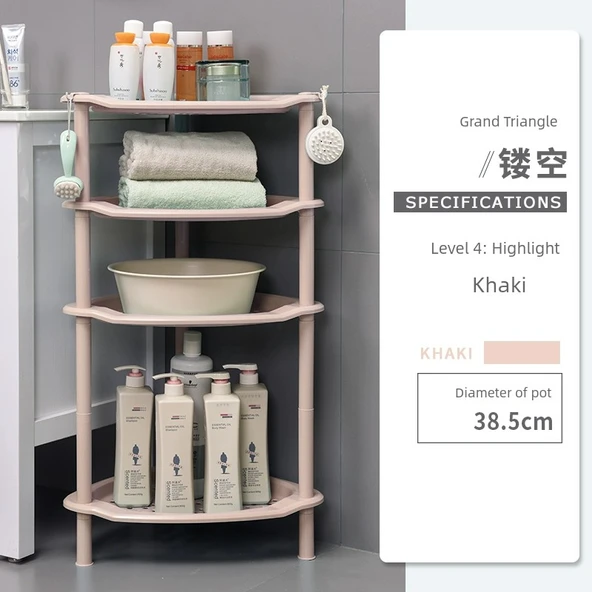 Plastik Banyo Rafı - Geniş Üçgen 4 Katlı Kesik (Yükseltilmiş) Haki