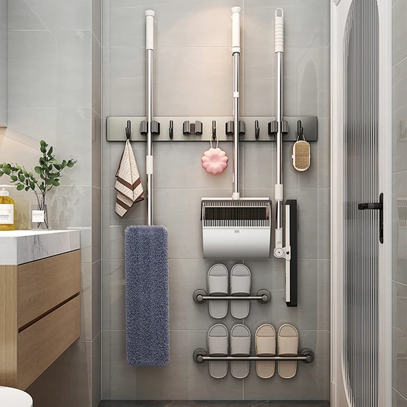 Deliksiz Banyo Rafı - Tuvalet Havlu Depolama - [Parlak Gümüş] Alüminyum 2 Katlı 3 Kancalı - 2