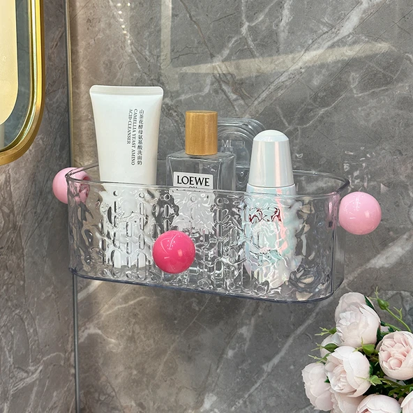 Vantuzlu Banyo Rafı - Deliksiz Duvar Montajı - Şeffaf Gümüş + Pudra Topu