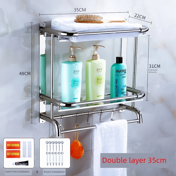 304 Paslanmaz Çelik Banyo Havlu Rafı - 2 Katlı 35cm