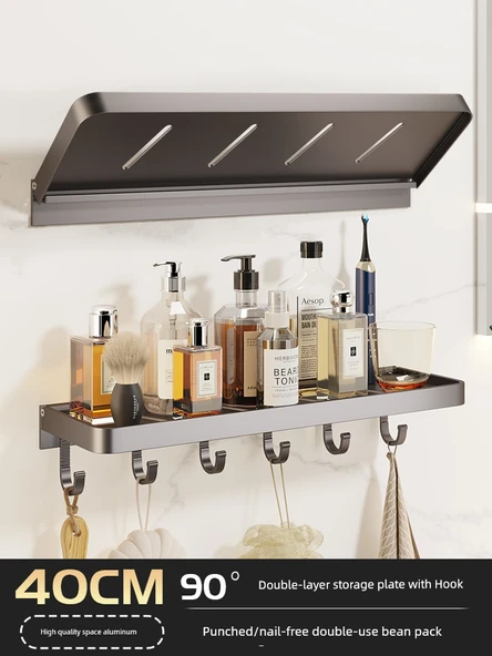 Katlanabilir Duvara Monte Banyo Rafı - Füme Gri - Çift Kancalı - 40cm