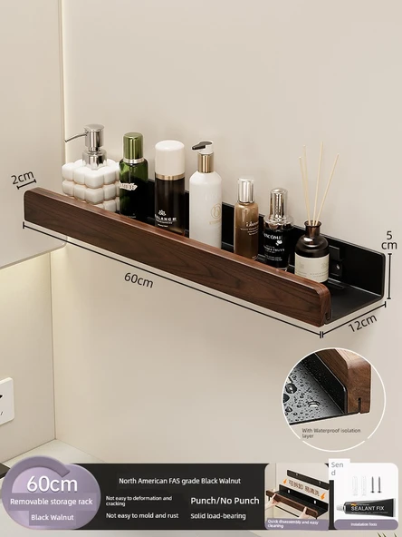 Siyah Ceviz Banyo Tuvalet Rafı - 60cm - Çıkarılabilir, Su Geçirmez