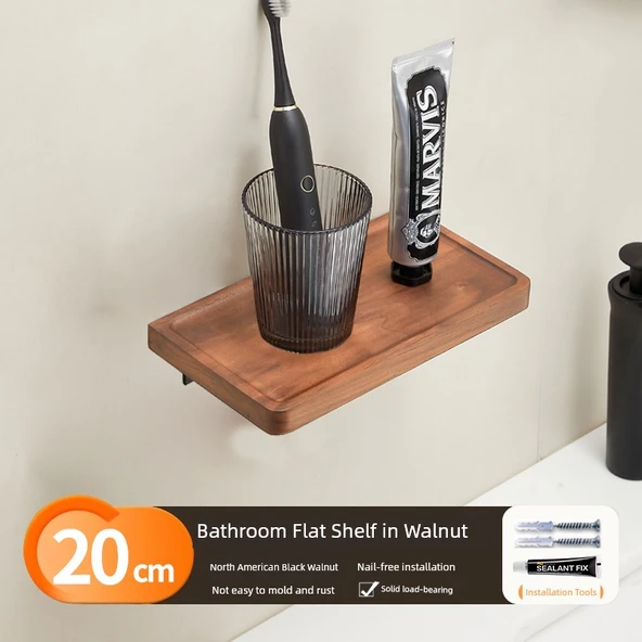 Ceviz Banyo Rafı - 20cm - Tek Katlı - Duvara Monte