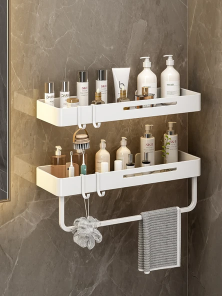 Duvara Monte Banyo Rafı - Alüminyum - Beyaz 60cm - Çift Katlı - Havluluklu - 2