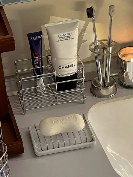 Paslanmaz Çelik Banyo Düzenleyici - Bardaklık ve Bölmeli Saklama Rafı - 3