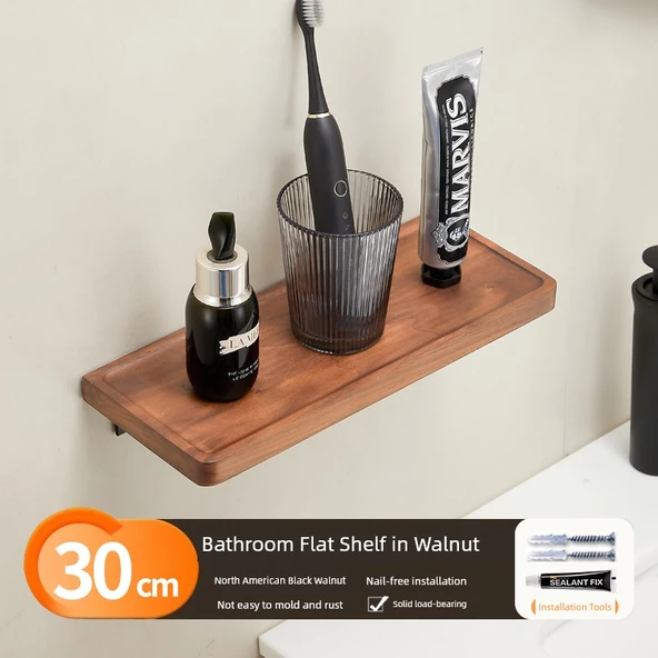 Ceviz Banyo Rafı - 30cm - Tek Katlı - Duvara Monte