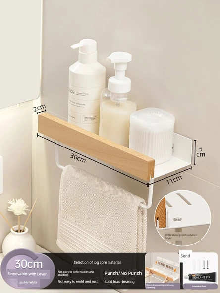 Deliksiz Banyo Duvar Rafı - Kayın Beyazı - Çubuklu Sökülebilir 30cm