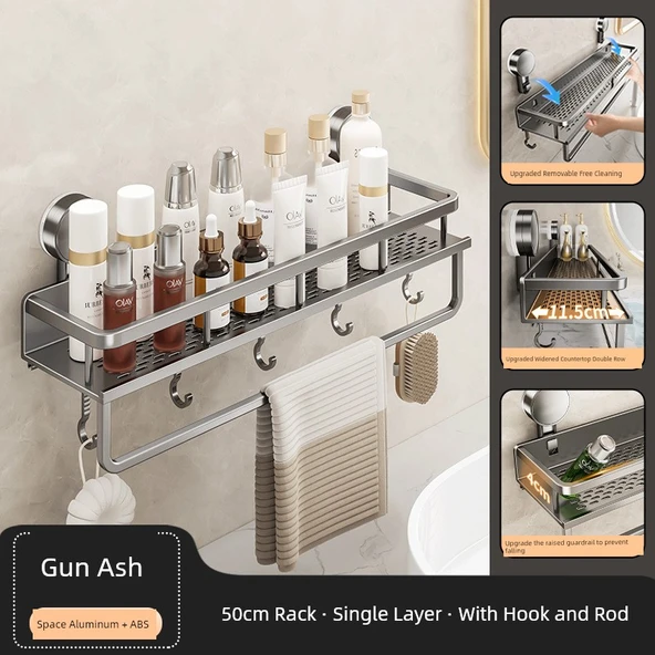 Kancalı ve Çubuklu Vantuzlu Banyo Rafı - 50cm - Füme Gri - Tek Katlı