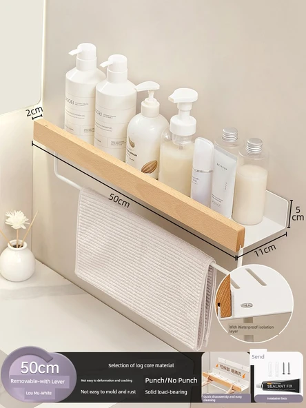 Deliksiz Banyo Duvar Rafı - Kayın Beyazı - Çubuklu Sökülebilir 50cm