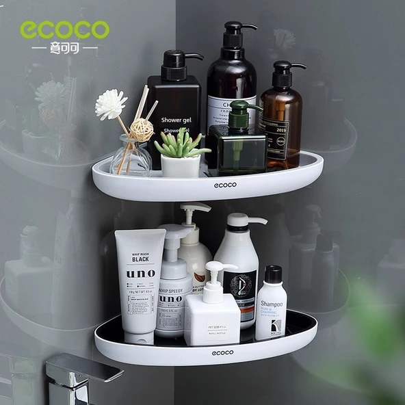 Deliksiz Banyo Duvar Rafı - Çift Katlı İskandinav Gri ve Klasik Siyah Üçgen