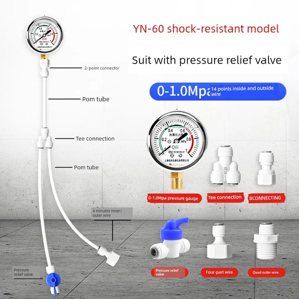 Darbeye Dayanıklı Su Basıncı Test Cihazı - 0-1.0mpa * Basınç Tahliye Valfi + 4 İç/Dış Dişli