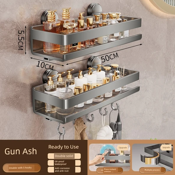 Çift Vantuzlu Banyo Rafı - Kancalı - 50 cm - Gri