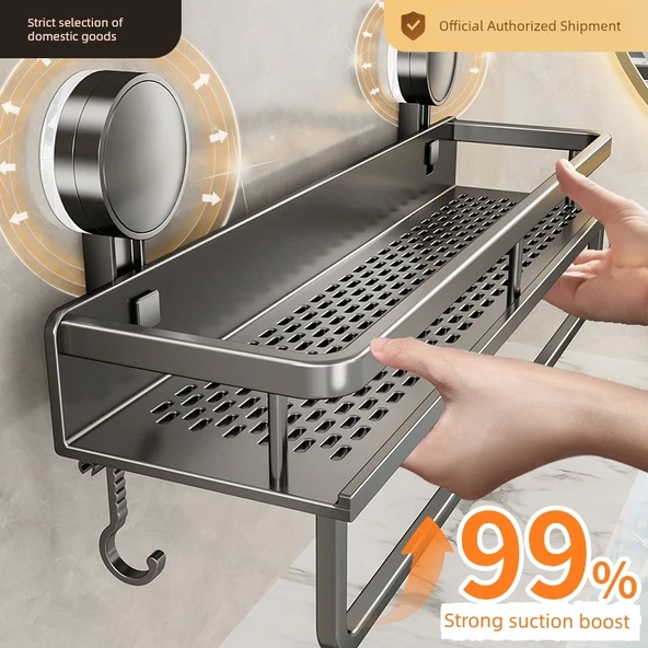 Kancalı ve Çubuklu Vantuzlu Banyo Rafı - 30cm - Füme Gri - Çift Katlı - 2