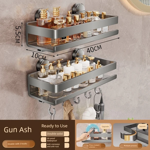 Çift Vantuzlu Banyo Rafı - Kancalı - 40 cm - Gri