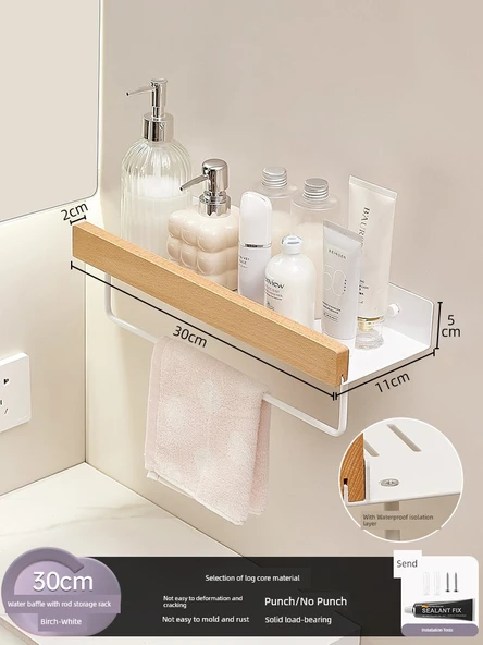 Deliksiz Banyo Duvar Rafı - Kayın Beyazı - Çubuklu Su Setli 30cm