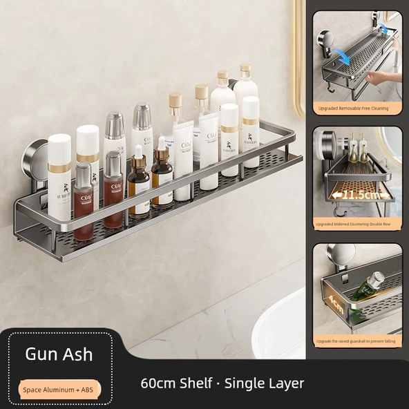 Vantuzlu Banyo Rafı - 60cm - Füme Gri - Tek Katlı