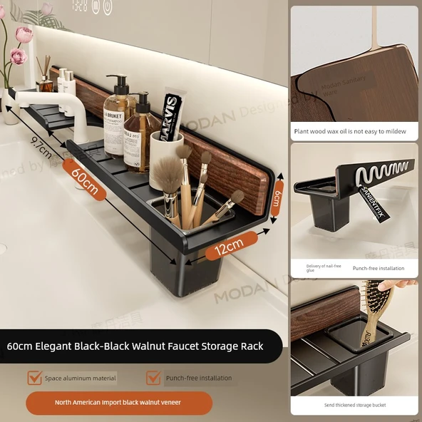 Ceviz Banyo Rafı - Kuzey Amerika Siyah Ceviz Şık Siyah 60cm